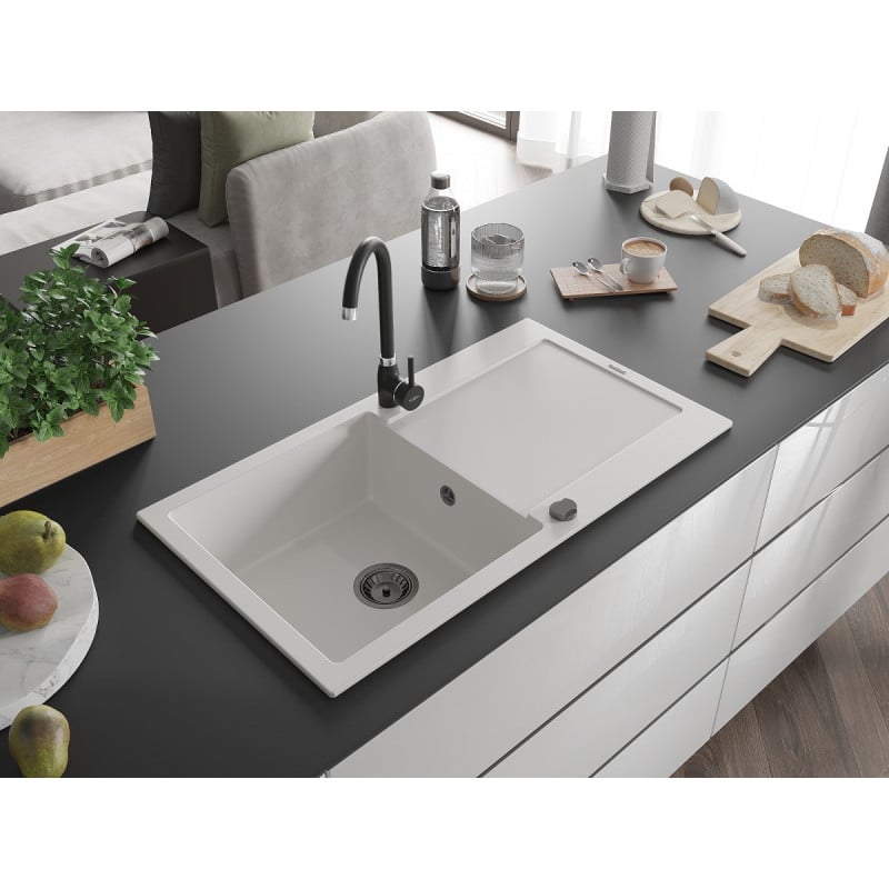 Mexen Leo Granitspüle 1-Becken mit Abtropffläche 900 x 500 mm, weiß, schwarzer Siphon - 6501901010-20-B