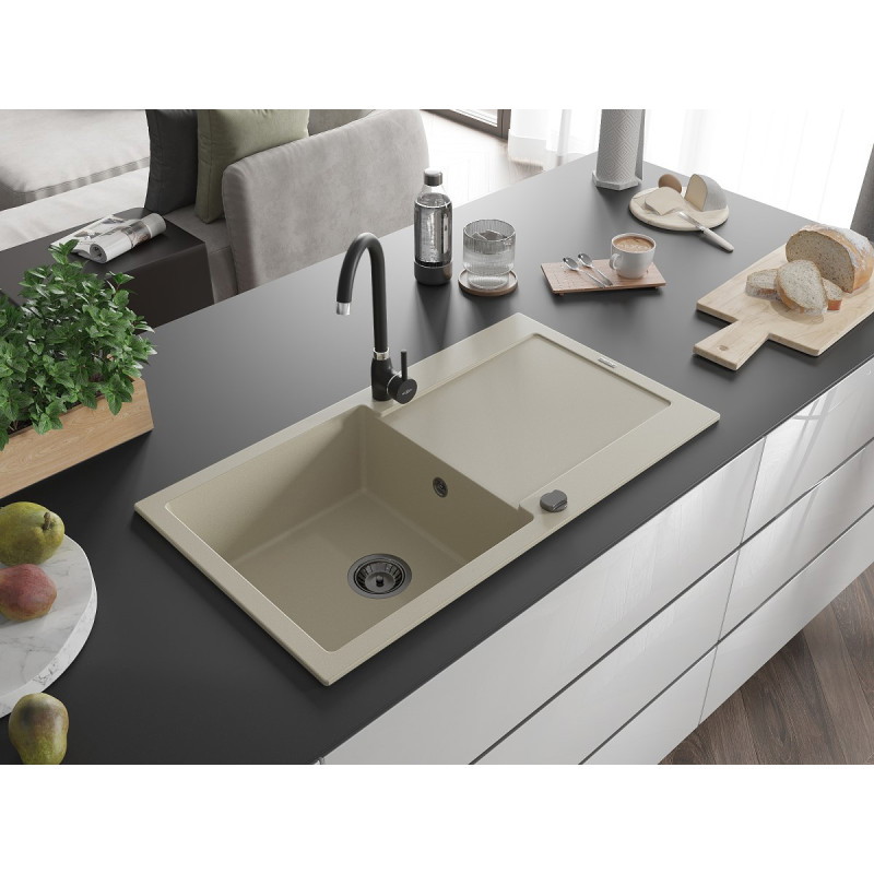 Mexen Leo Granitspüle 1-beckig mit Abtropffläche 900 x 500 mm, beige, schwarzer Siphon - 6501901010-69-B
