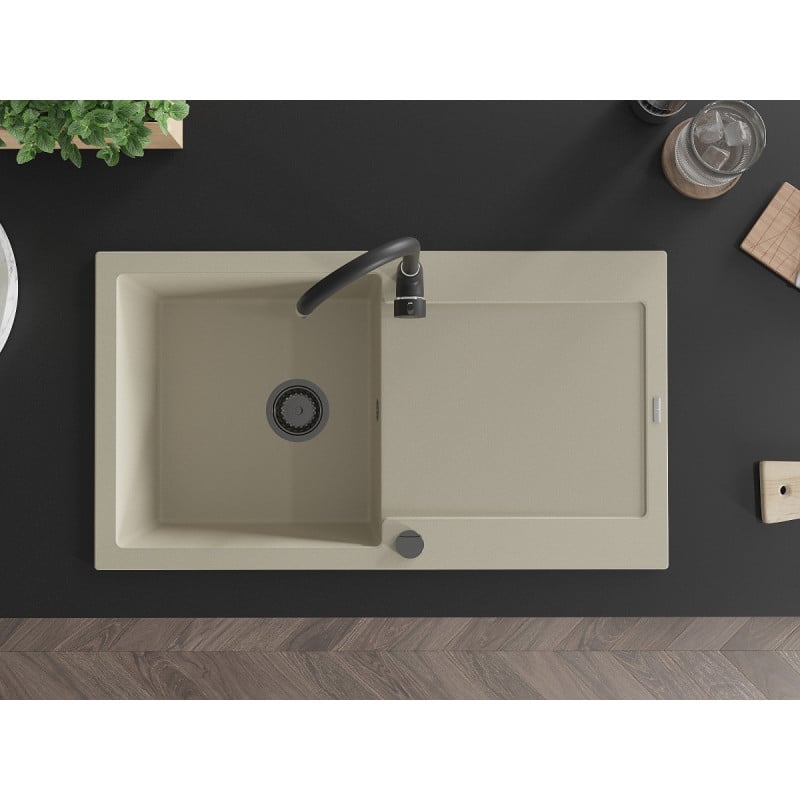 Mexen Leo Granitspüle 1-Becken mit Abtropffläche 900 x 500 mm, beige, Siphon schwarz - 6501901010-69-B