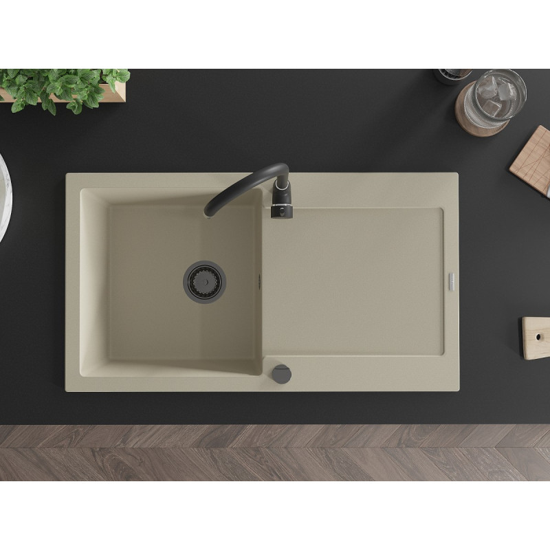Mexen Leo Granitspüle 1-beckig mit Abtropffläche 900 x 500 mm, beige, schwarzer Siphon - 6501901010-69-B