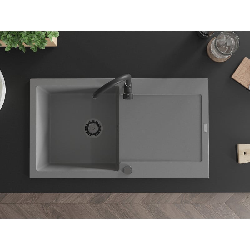 Mexen Leo Granitspüle 1-Becken mit Abtropffläche 900 x 500 mm, grau, schwarzer Siphon - 6501901010-71-B