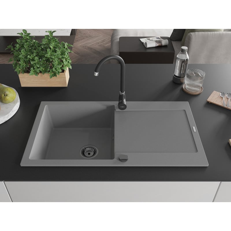 Mexen Leo Granitspüle 1-Becken mit Abtropffläche 900 x 500 mm, grau, schwarzer Siphon - 6501901010-71-B
