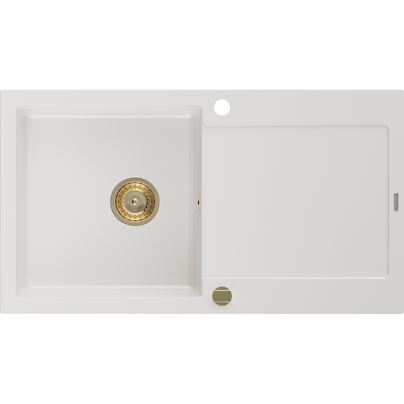 Mexen Leo Granitspüle 1-becken mit Abtropffläche 900 x 500 mm, weiß, goldener Siphon - 6501901010-20-G