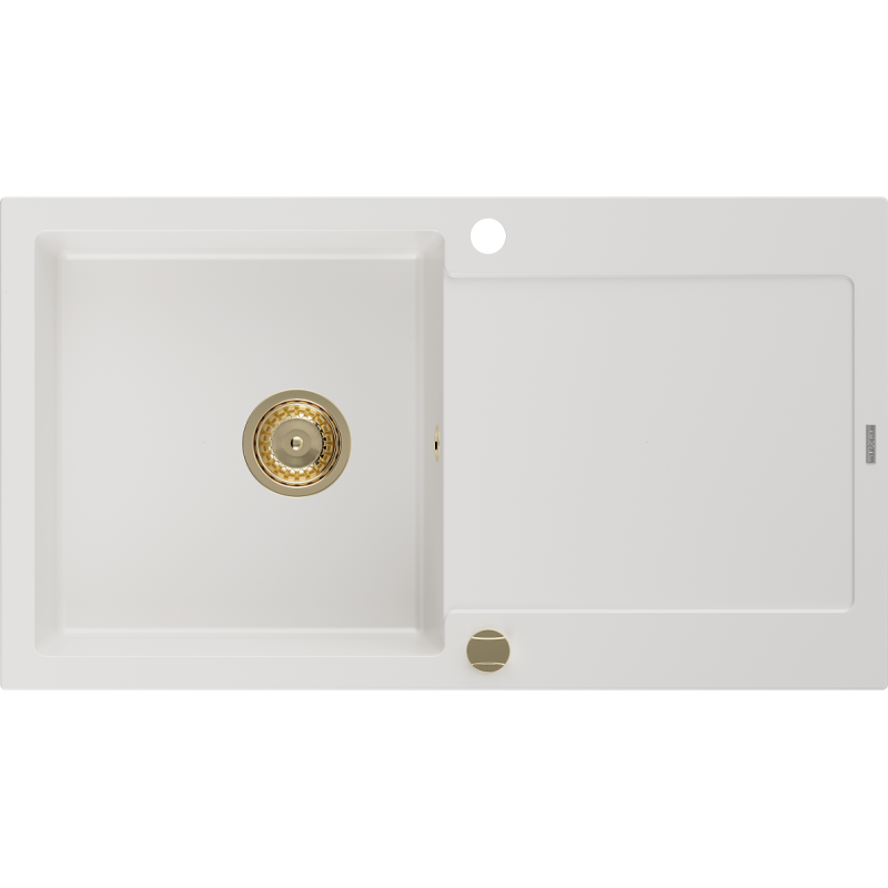 Mexen Leo Granitspüle, 1-becken, mit Abtropffläche, 900 x 500 mm, weiß, Siphon Gold - 6501901010-20-G