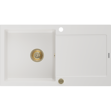Mexen Leo Granitspüle 1-becken mit Abtropffläche 900 x 500 mm, weiß, goldener Siphon - 6501901010-20-G