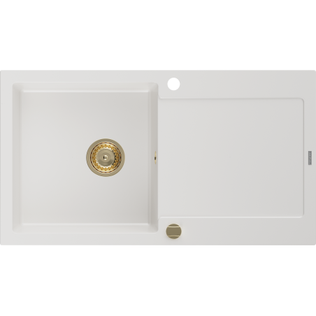 Mexen Leo Granitspüle, 1-becken, mit Abtropffläche, 900 x 500 mm, weiß, Siphon Gold - 6501901010-20-G