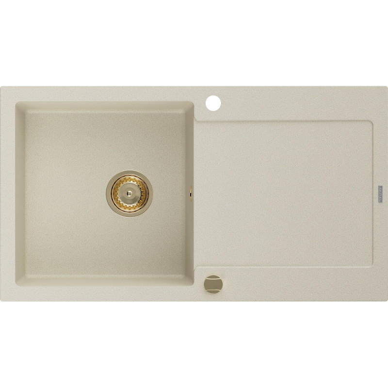 Mexen Leo Granitspüle 1-Becken mit Abtropffläche 900 x 500 mm, beige, goldener Siphon - 6501901010-69-G