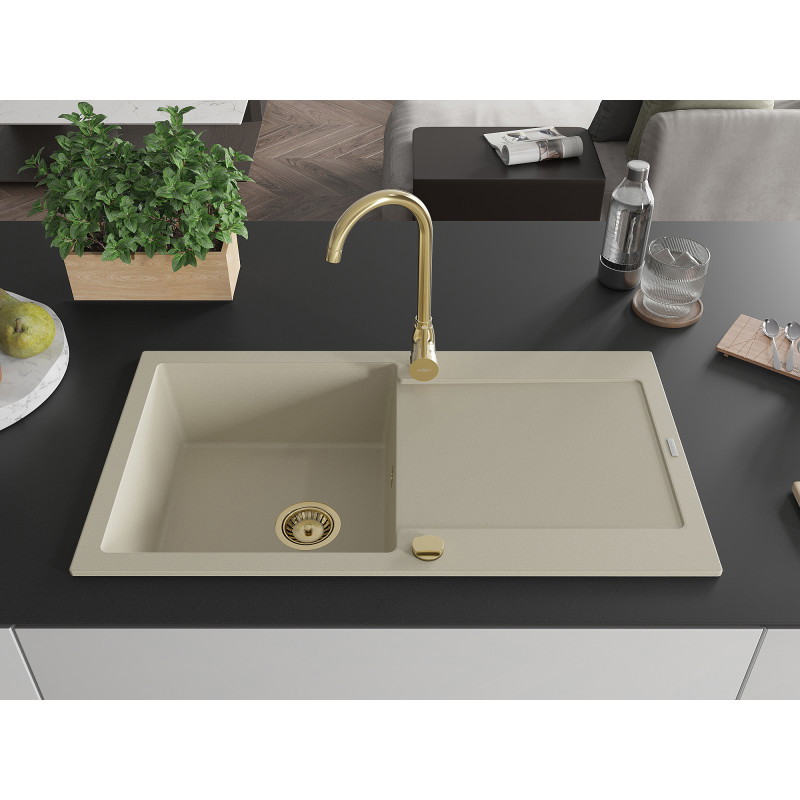 Mexen Leo Granitspüle 1-beckig mit Abtropffläche 900 x 500 mm, beige, Siphon gold - 6501901010-69-G