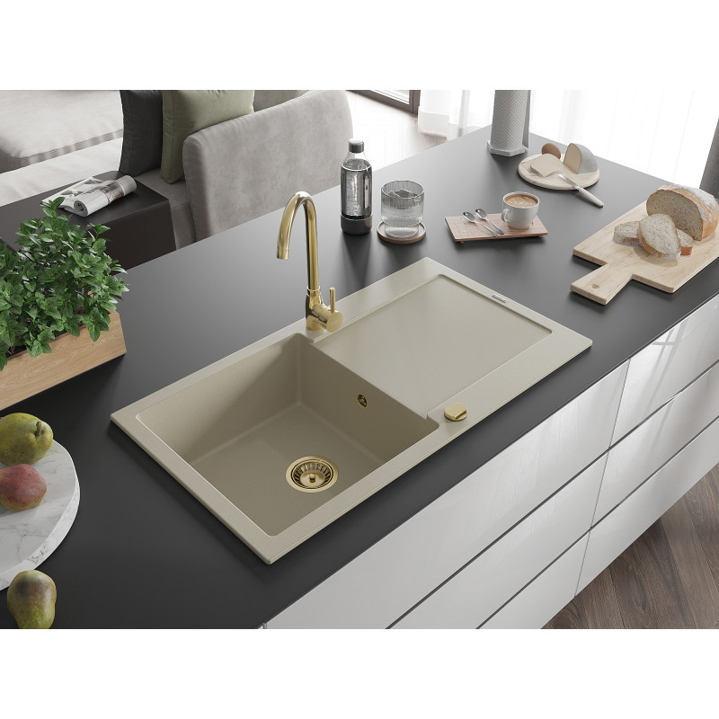 Mexen Leo Granitspüle 1-beckig mit Abtropffläche 900 x 500 mm, beige, Siphon gold - 6501901010-69-G