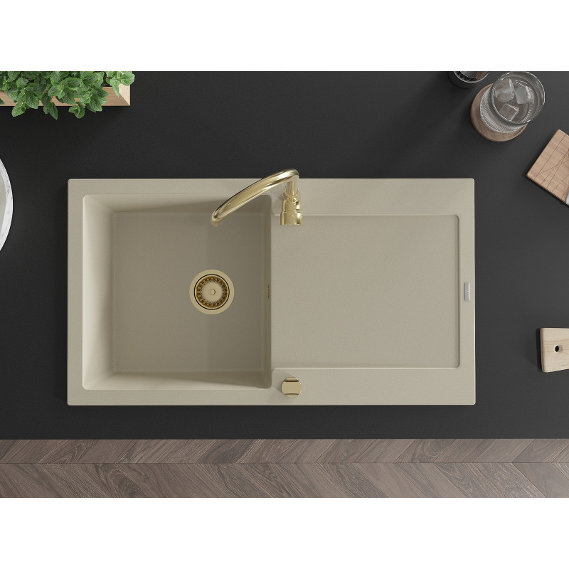 Mexen Leo 1-Kammer Granitspüle mit Abtropffläche 900 x 500 mm, beige, goldener Siphon - 6501901010-69-G