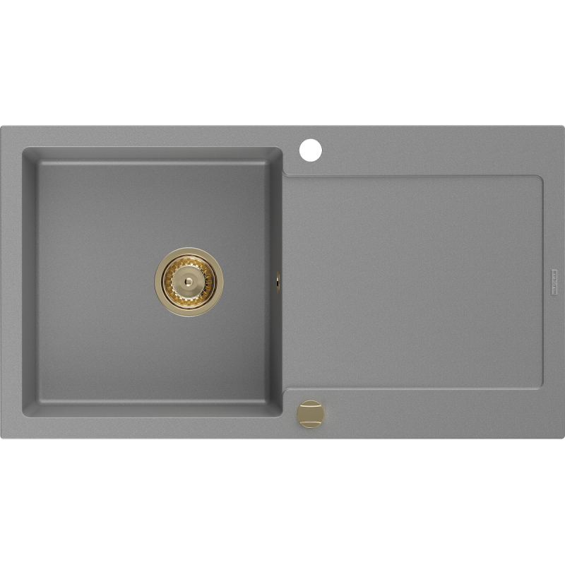 Mexen Leo Granitspüle, 1 Becken mit Abtropffläche, 900 x 500 mm, grau, goldener Siphon - 6501901010-71-G