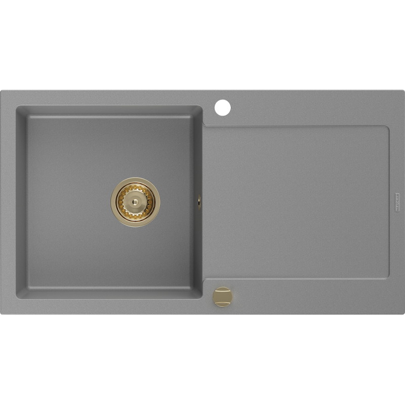 Mexen Leo Granitspüle 1-beckig mit Abtropffläche 900 x 500 mm, grau, Siphon golden - 6501901010-71-G