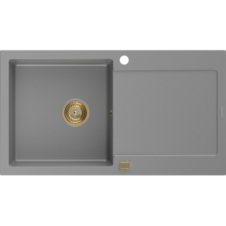 Mexen Leo Granitspüle, 1 Becken mit Abtropffläche, 900 x 500 mm, grau, goldener Siphon - 6501901010-71-G