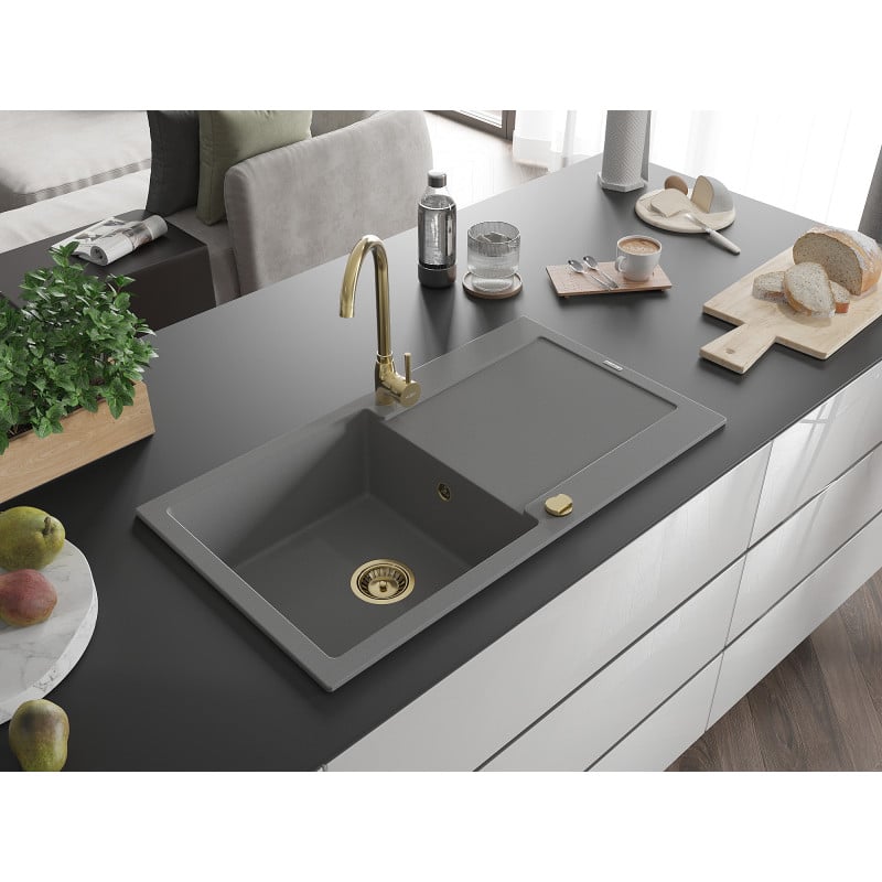 Mexen Leo Granitspüle 1-beckig mit Abtropffläche 900 x 500 mm, grau, Siphon gold - 6501901010-71-G