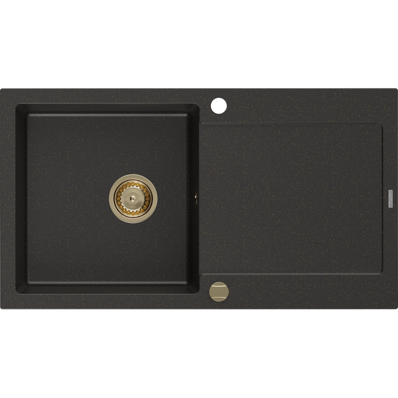 Mexen Leo Granitspüle 1-beckig mit Abtropffläche 900 x 500 mm, schwarz/gold-metallic, goldener Siphon - 6501901010-75-G