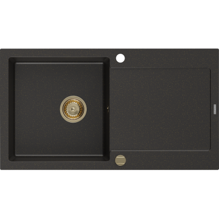 Mexen Leo Granitspüle 1-Becken mit Abtropffläche 900 x 500 mm, Schwarz/Gold Metallic, Goldener Siphon - 6501901010-75-G