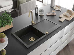 Mexen Leo Granitspüle 1-Becken mit Abtropffläche 900 x 500 mm, schwarz/gold Metallic, goldener Siphon - 6501901010-75-G