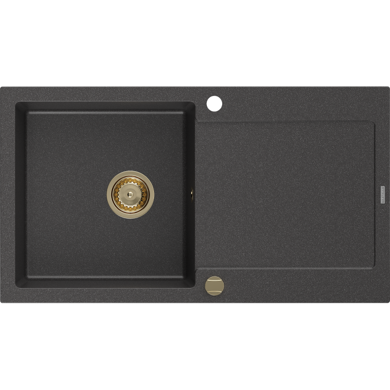 Mexen Leo Granitspüle, 1-becken mit Abtropffläche, 900 x 500 mm, schwarz gesprenkelt, goldener Siphon - 6501901010-76-G