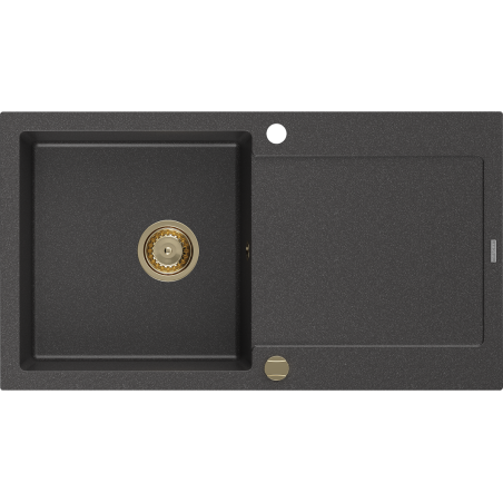 Mexen Leo Granitspüle, 1-becken mit Abtropffläche, 900 x 500 mm, schwarz gesprenkelt, goldener Siphon - 6501901010-76-G