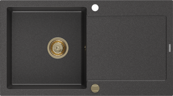 Mexen Leo Granitspüle, 1-becken mit Abtropffläche, 900 x 500 mm, schwarz gesprenkelt, goldener Siphon - 6501901010-76-G