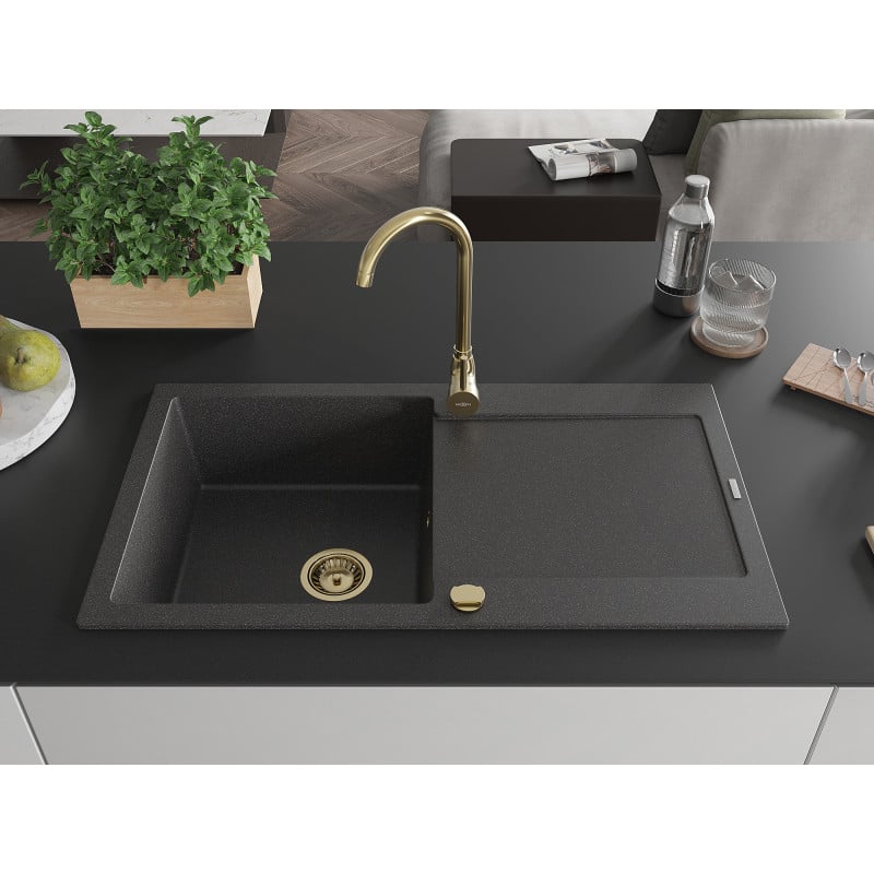 Mexen Leo Granitspüle, 1-becken mit Abtropffläche, 900 x 500 mm, schwarz gesprenkelt, goldener Siphon - 6501901010-76-G