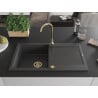 Mexen Leo Granitspüle, 1-becken mit Abtropffläche, 900 x 500 mm, schwarz gesprenkelt, goldener Siphon - 6501901010-76-G