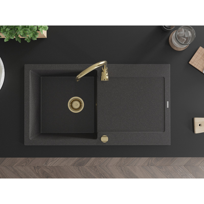 Mexen Leo Granitspüle, 1-becken mit Abtropffläche, 900 x 500 mm, schwarz gesprenkelt, goldener Siphon - 6501901010-76-G