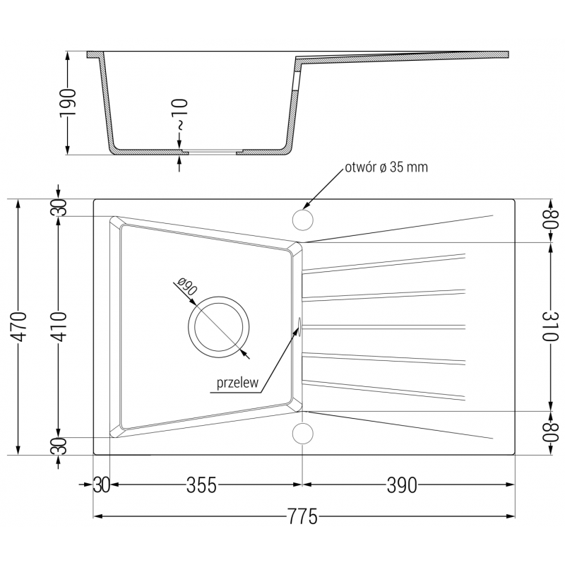 Mexen Cesar Granitspüle 1-Becken mit Abtropffläche 775 x 470 mm, Schwarz/Gold-Metallic, Siphon Gold - 6514771010-75-G
