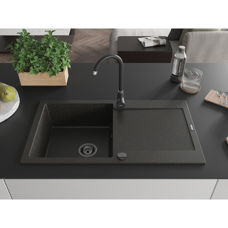 Mexen Leo Granitspüle 1-Becken mit Abtropffläche 900 x 500 mm, schwarz/goldener Metallic, schwarzer Siphon - 6501901010-75-B