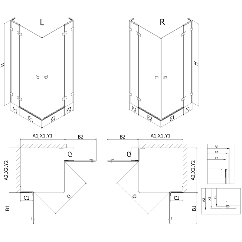 Mexen Lunar L Duo Duschkabine rechts öffnend 100 x 95 cm, transparent, gebürstetes Gold - 834L-100P-095L-55-00