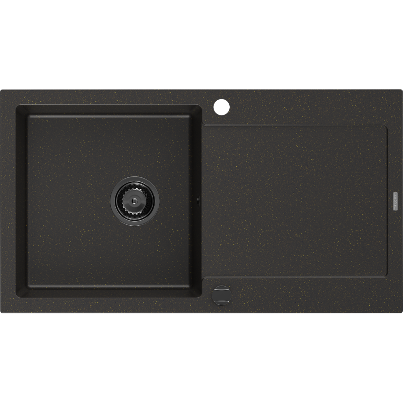 Mexen Leo Granitspüle 1-Becken mit Abtropffläche 900 x 500 mm, schwarz/goldener Metallic, schwarzer Siphon - 6501901010-75-B