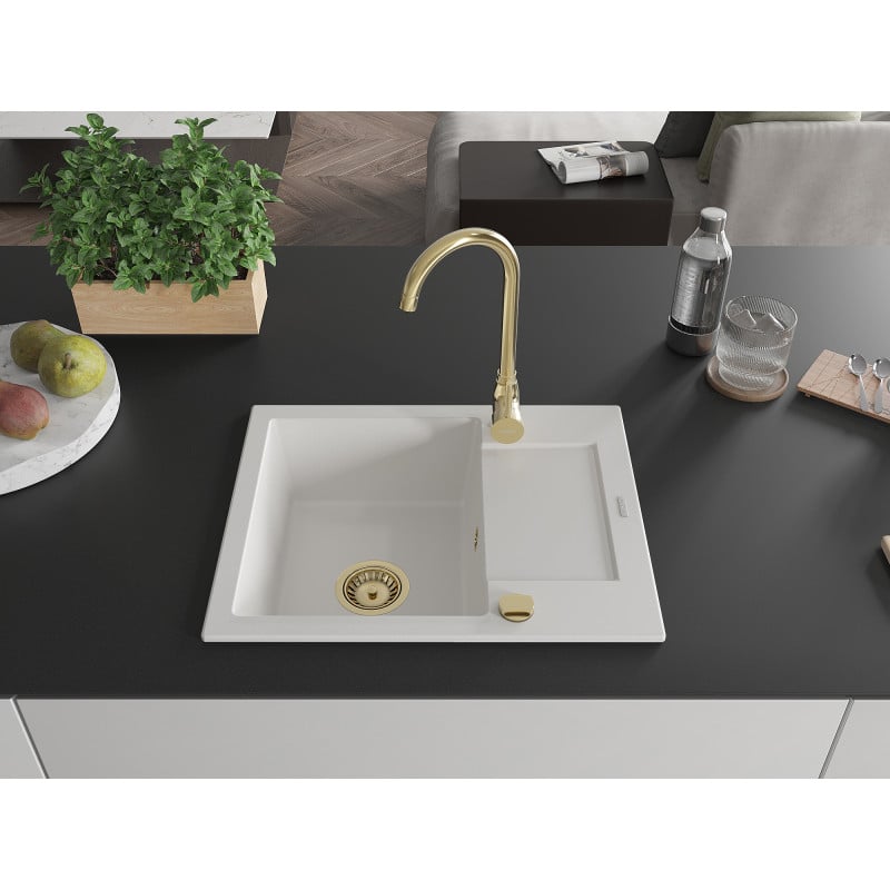 Mexen Enzo Einbauwaschbecken aus Granit, 1-becken mit Abtropffläche 576 x 465 mm, weiß, Siphon gold - 6506571005-20-G