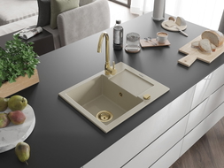 Mexen Enzo Granitspüle 1-Becken mit Abtropffläche 576 x 465 mm, beige, goldener Siphon - 6506571005-69-G