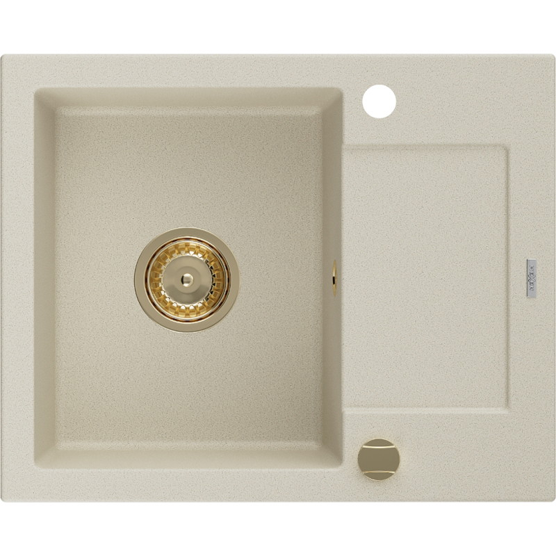 Mexen Enzo Granitspüle 1-beckig mit Abtropffläche 576 x 465 mm, beige, goldener Siphon - 6506571005-69-G
