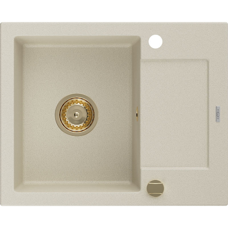 Mexen Enzo Granitspüle 1-beckig mit Abtropffläche 576 x 465 mm, beige, Siphon gold - 6506571005-69-G