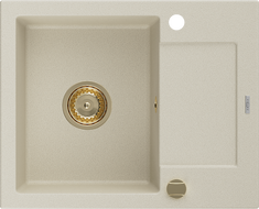 Mexen Enzo Granitspüle 1-beckig mit Abtropffläche 576 x 465 mm, beige, goldener Siphon - 6506571005-69-G