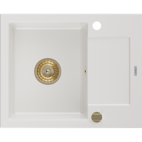 Mexen Enzo Granitspüle 1-Becken mit Abtropffläche 576 x 465 mm, weiß, goldener Siphon - 6506571005-20-G
