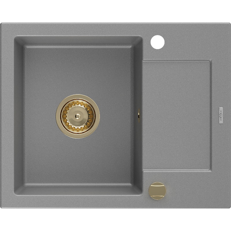 Mexen Enzo 1-becken Granitspüle mit Abtropffläche 576 x 465 mm, grau, goldener Siphon - 6506571005-71-G
