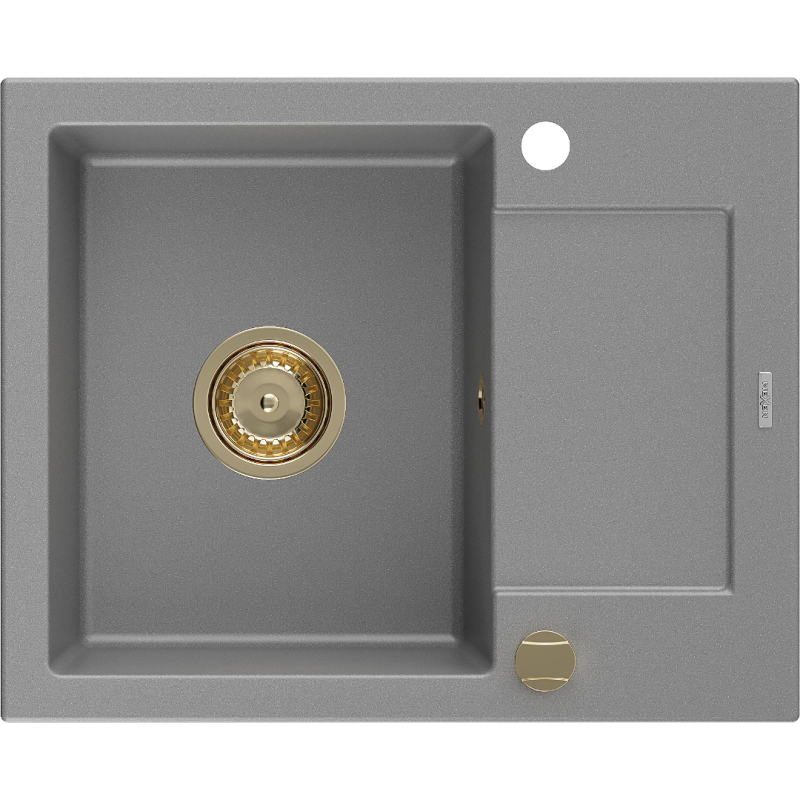 Mexen Enzo Granitspüle 1-becken mit Abtropffläche 576 x 465 mm, grau, goldener Siphon - 6506571005-71-G