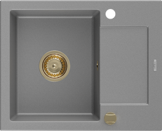 Mexen Enzo Granitspüle 1-beckig mit Abtropffläche 576 x 465 mm, grau, Siphon gold - 6506571005-71-G