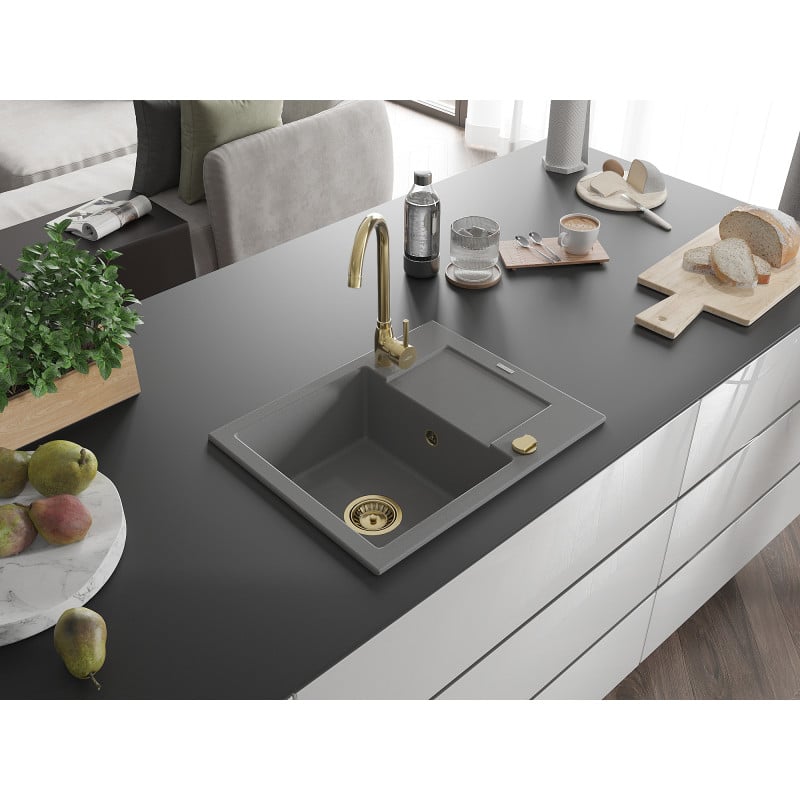 Mexen Enzo Granitspüle 1-beckig mit Abtropffläche 576 x 465 mm, grau, Siphon gold - 6506571005-71-G