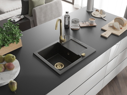 Mexen Enzo Granitspüle 1-Becken mit Abtropffläche 576 x 465 mm, Schwarz/Gold Metallic, Siphon Gold - 6506571005-75-G