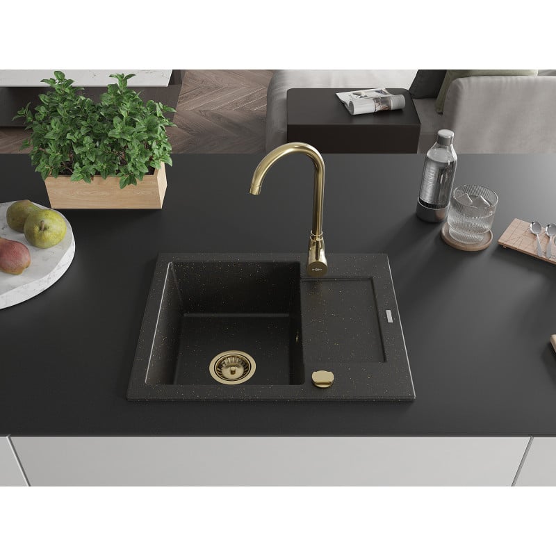 Mexen Enzo Granitspüle 1-beckig mit Abtropffläche 576 x 465 mm, schwarz/gold metallic, goldener Siphon - 6506571005-75-G