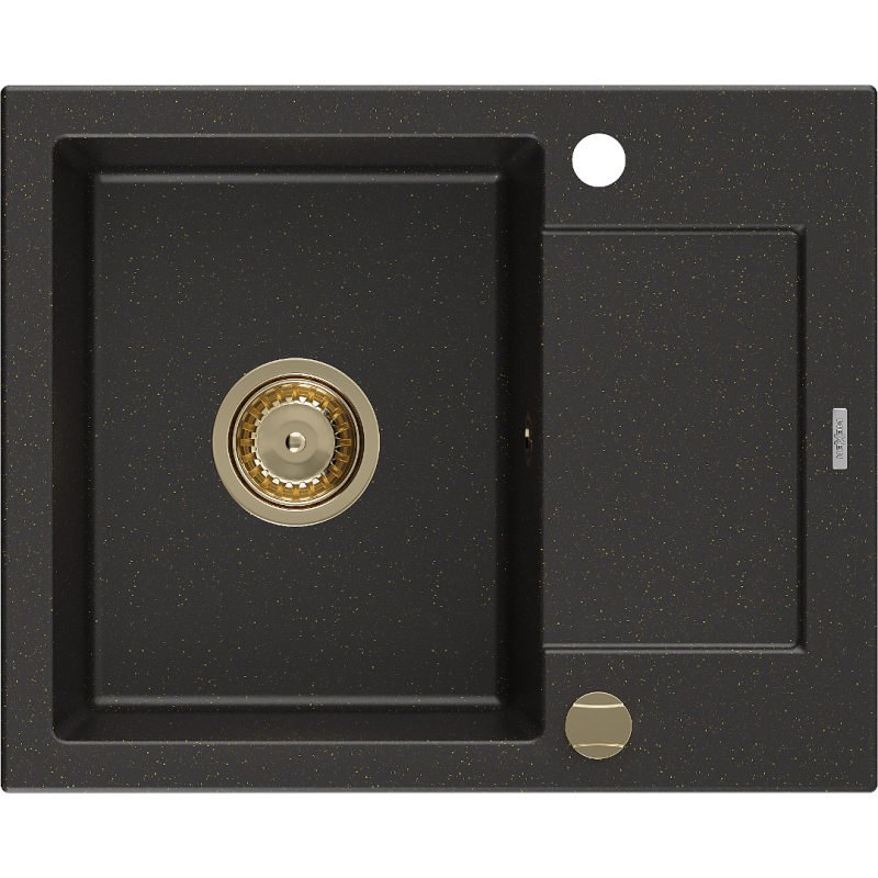 Mexen Enzo Granitspüle 1-Becken mit Abtropffläche 576 x 465 mm, Schwarz/Gold Metallic, Goldener Siphon - 6506571005-75-G