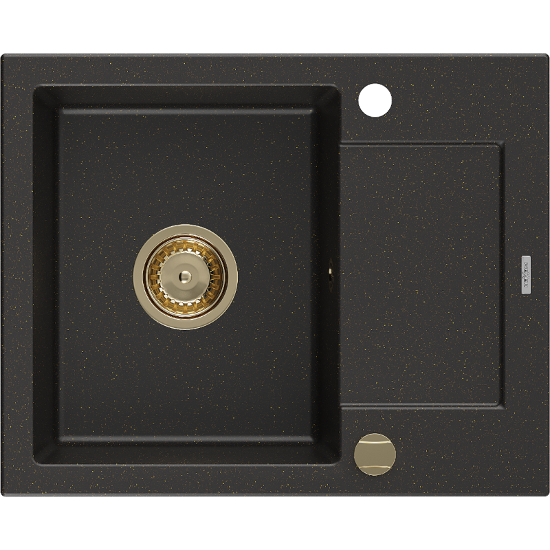 Mexen Enzo Granitspüle 1-beckig mit Abtropffläche 576 x 465 mm, schwarz/gold metallic, goldener Siphon - 6506571005-75-G