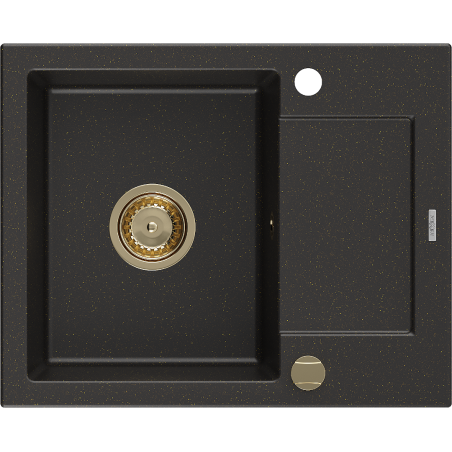 Mexen Enzo Granitspüle 1-Becken mit Abtropffläche 576 x 465 mm, Schwarz/Gold Metallic, Goldener Siphon - 6506571005-75-G