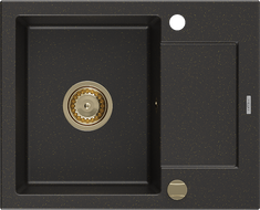 Mexen Enzo Granitspüle 1-beckig mit Abtropffläche 576 x 465 mm, schwarz/gold metallic, goldener Siphon - 6506571005-75-G
