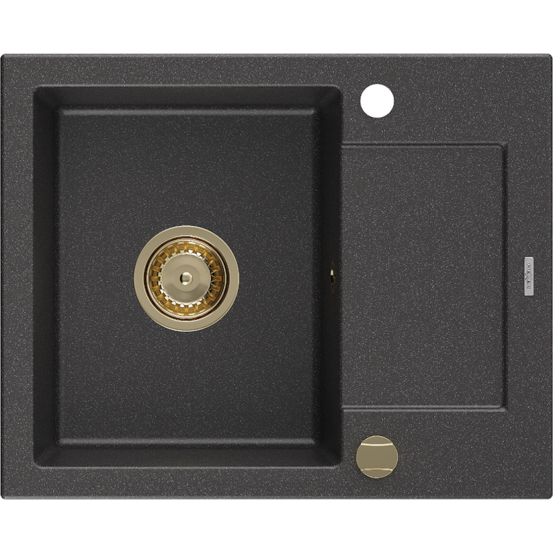 Mexen Enzo Granitspüle 1-Becken mit Abtropffläche 576 x 465 mm, schwarz gesprenkelt, goldener Siphon - 6506571005-76-G