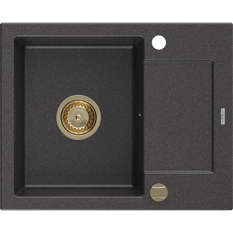 Mexen Enzo Granitspüle 1-beckig mit Abtropffläche 576 x 465 mm, schwarz gesprenkelt, goldener Siphon - 6506571005-76-G