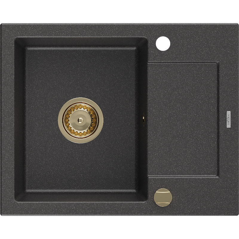 Mexen Enzo granitspüle 1-beckig mit Abtropffläche 576 x 465 mm, schwarz gesprenkelt, Siphon goldfarben - 6506571005-76-G
